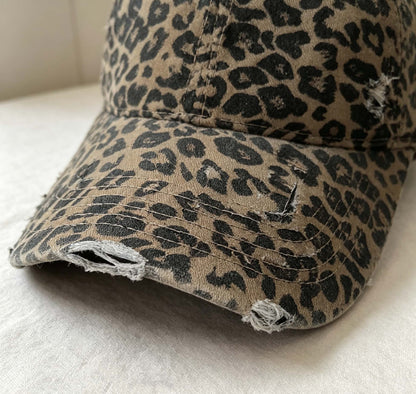 Washed Leopard Print Baseball Cap, Vintage Distressed Sun Hat