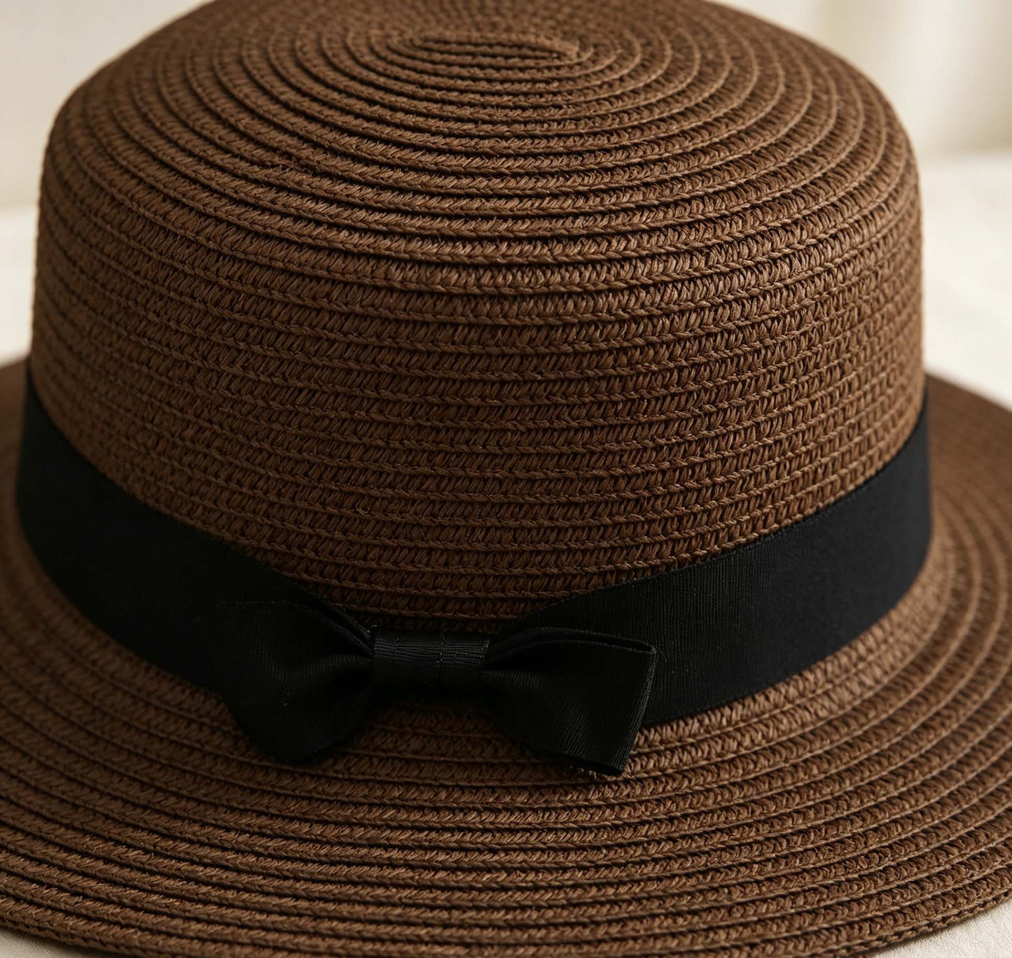 Dark Brown Woven Flat Top Hat With Black Bow, Summer Outdoor Sun Hat