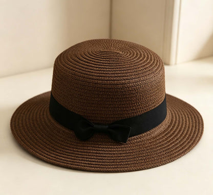 Dark Brown Woven Flat Top Hat With Black Bow, Summer Outdoor Sun Hat