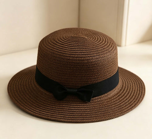 Dark Brown Woven Flat Top Hat With Black Bow, Summer Outdoor Sun Hat