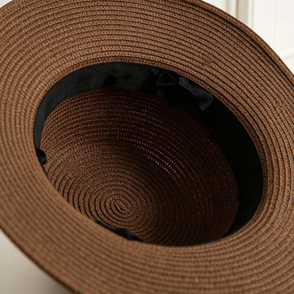 Dark Brown Woven Flat Top Hat With Black Bow, Summer Outdoor Sun Hat