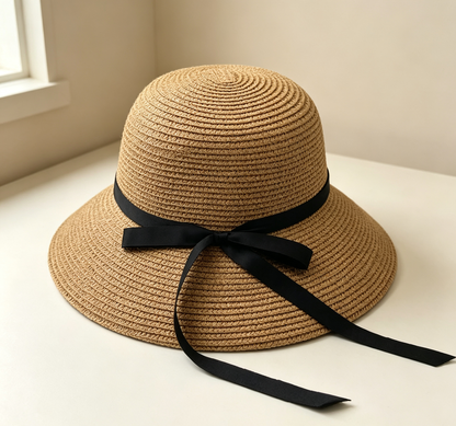 Foldable Woven Bucket Hat With Bow, Summer Beach Sun Protection Hat